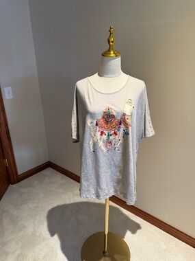 Catherines Cream Short Sleeve Tee with Colorful Embellished Camel Graphic
